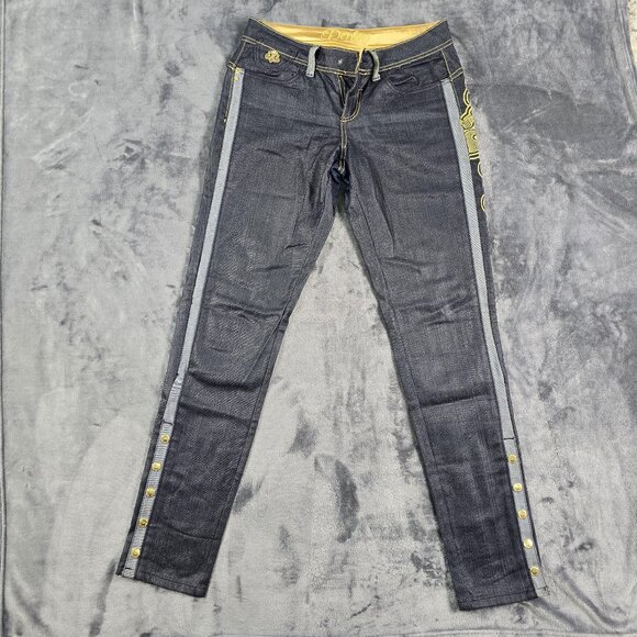 Dereon Jeans Womens 5/6 Dark Wash Skinny Snap Leg Gold Embroidered Logo - Picture 2 of 16